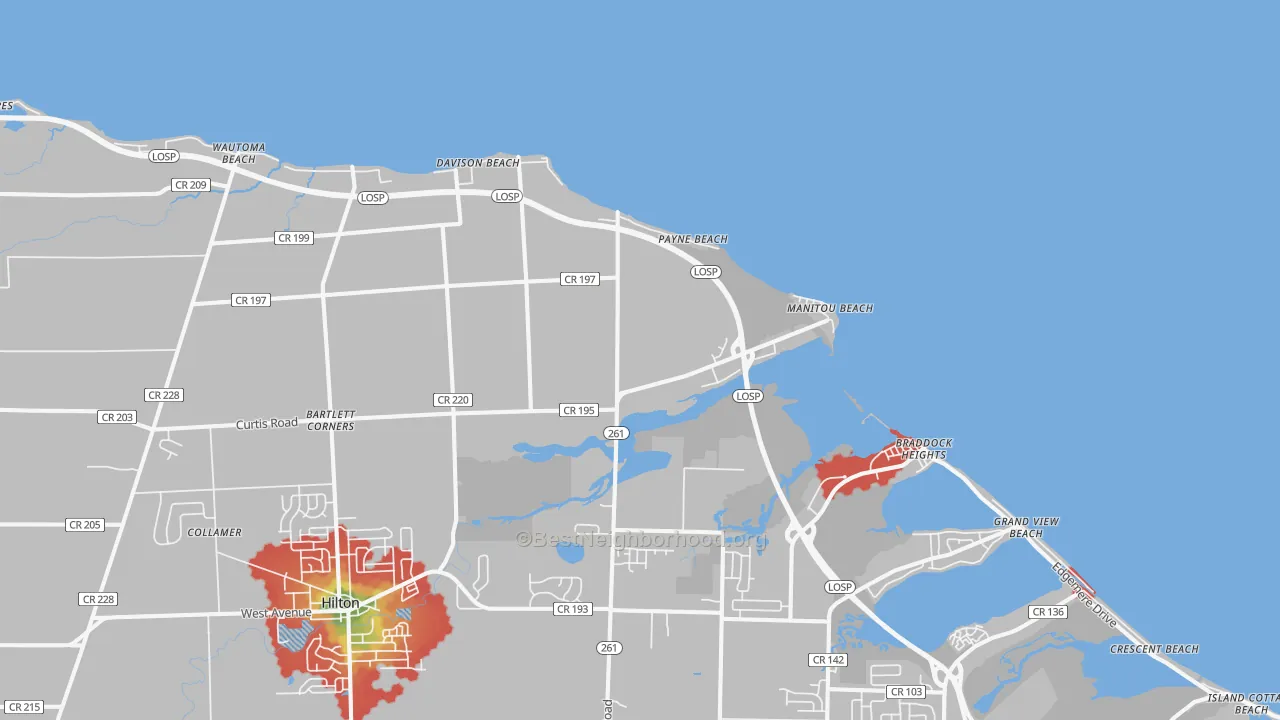 Walk Grade map of Payne Beach, NY, walkable areas in green and car-dependent areas in red