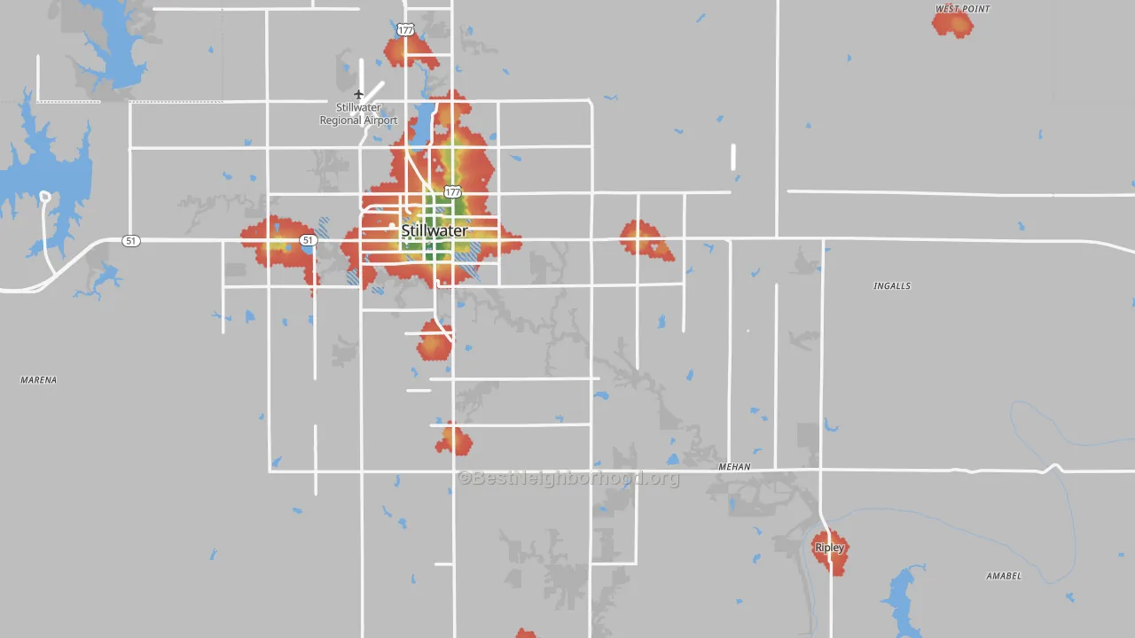 Walk Grade map of Payne County, OK, walkable areas in green and car-dependent areas in red