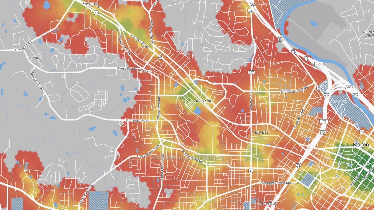 Walk Grade map of Payne, GA, walkable areas in green and car-dependent areas in red