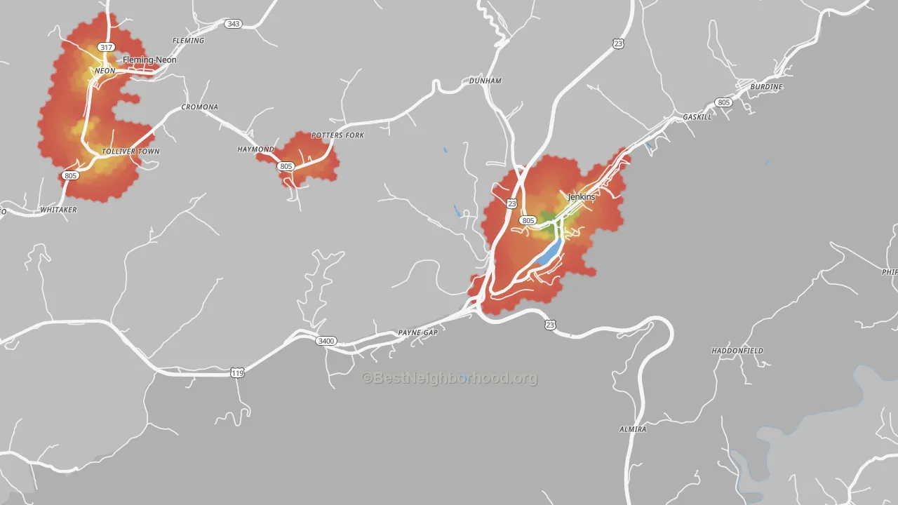 Walk Grade map of Payne Gap, KY, walkable areas in green and car-dependent areas in red