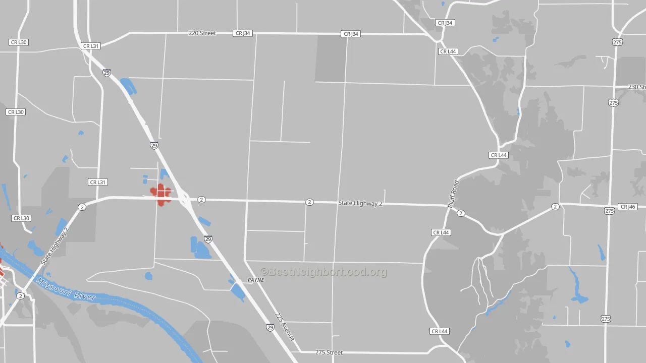 Walk Grade map of Payne, IA, walkable areas in green and car-dependent areas in red