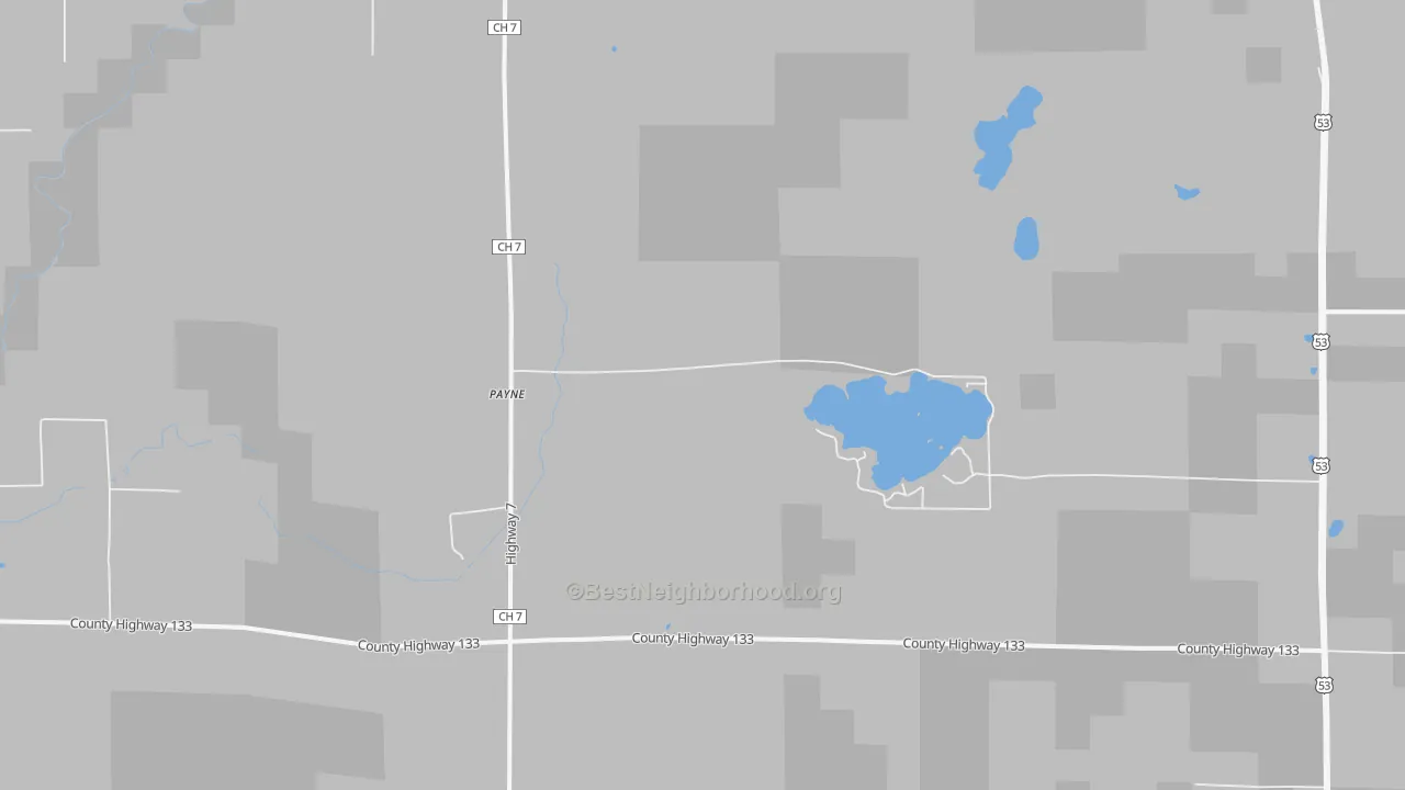 Walk Grade map of Payne, MN, walkable areas in green and car-dependent areas in red