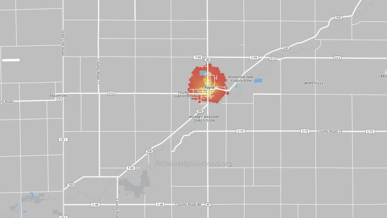 Walk Grade map of Payne, OH, walkable areas in green and car-dependent areas in red