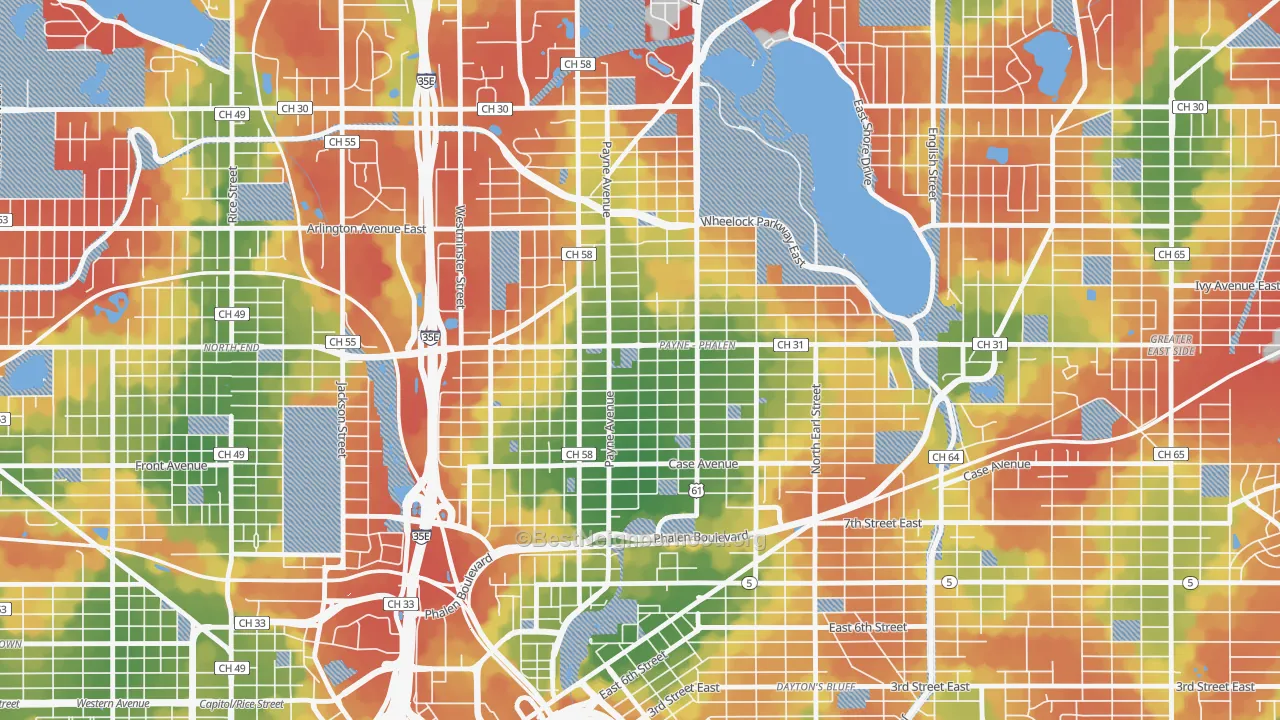 Walk Grade map of Payne Phallen, St. Paul, MN, walkable areas in green and car-dependent areas in red
