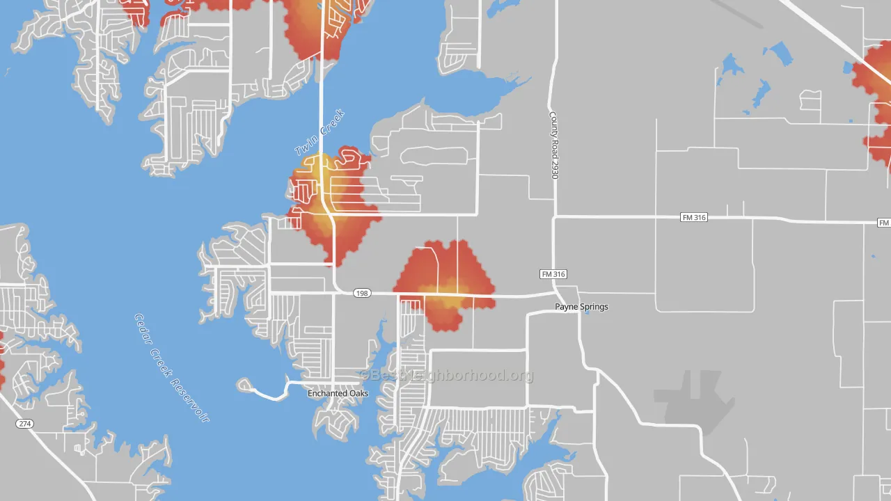 Walk Grade map of Payne Springs, TX, walkable areas in green and car-dependent areas in red