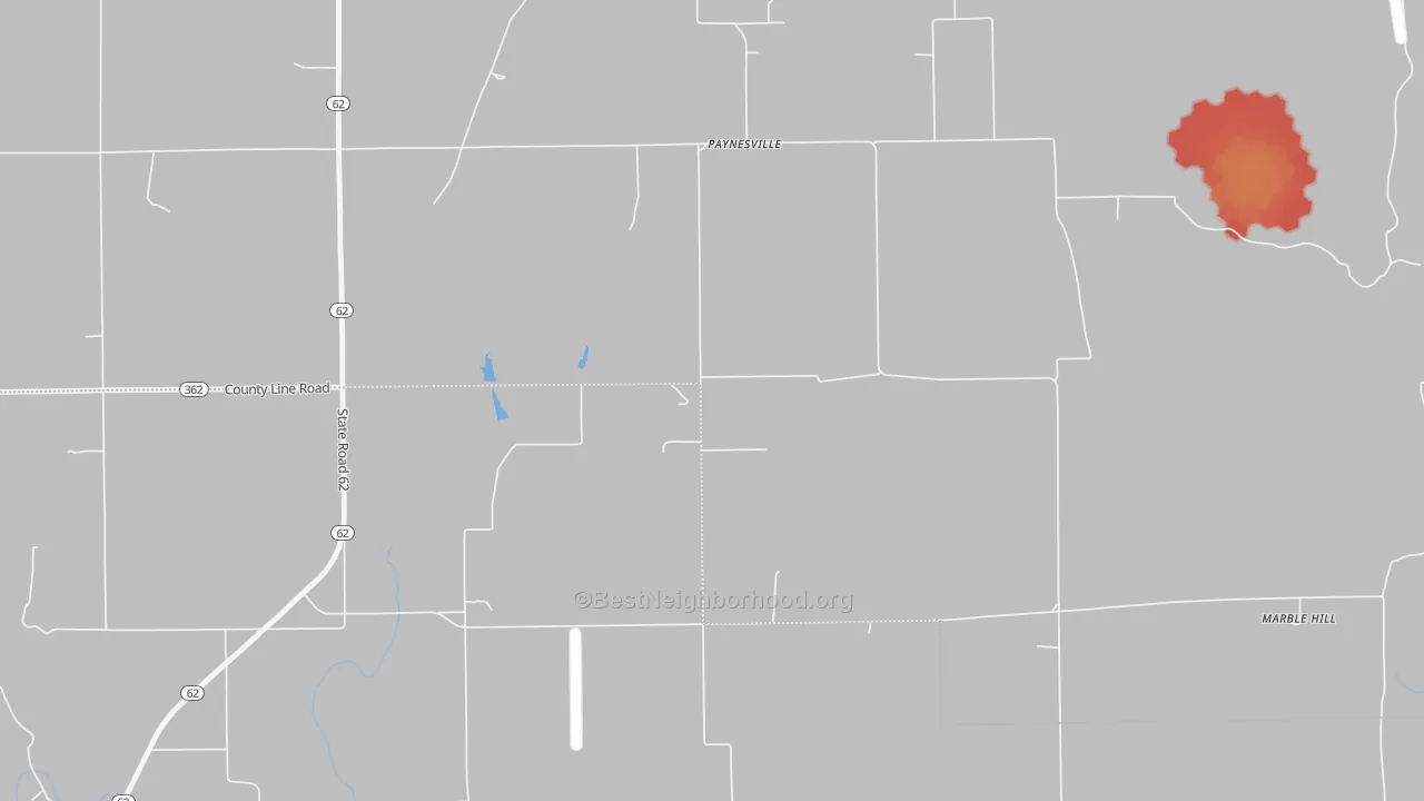 Walk Grade map of Paynesville, IN, walkable areas in green and car-dependent areas in red