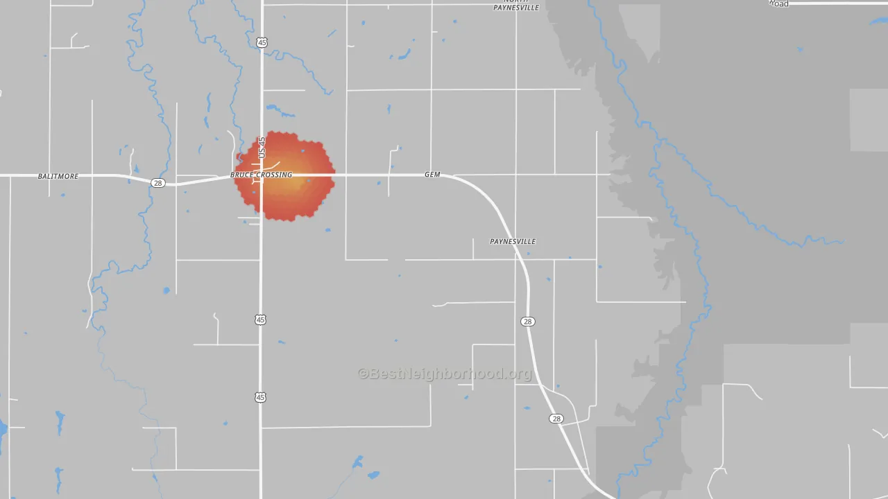 Walk Grade map of Paynesville, MI, walkable areas in green and car-dependent areas in red
