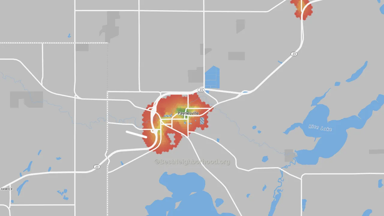 Walk Grade map of Paynesville, MN, walkable areas in green and car-dependent areas in red