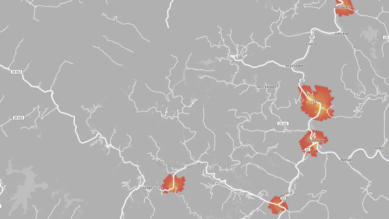 Walk Grade map of Paynesville, WV, walkable areas in green and car-dependent areas in red