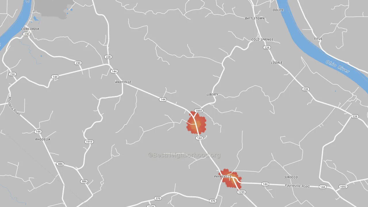 Walk Grade map of Payneville, KY, walkable areas in green and car-dependent areas in red
