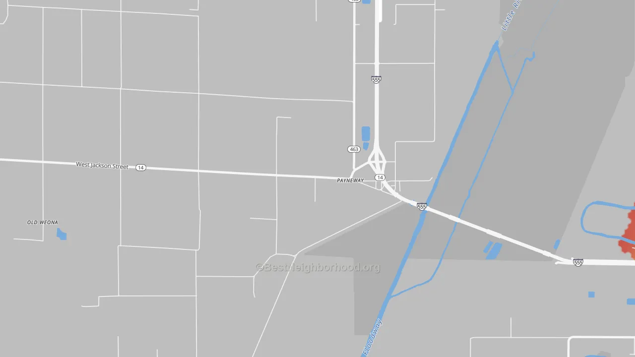 Walk Grade map of Payneway, AR, walkable areas in green and car-dependent areas in red