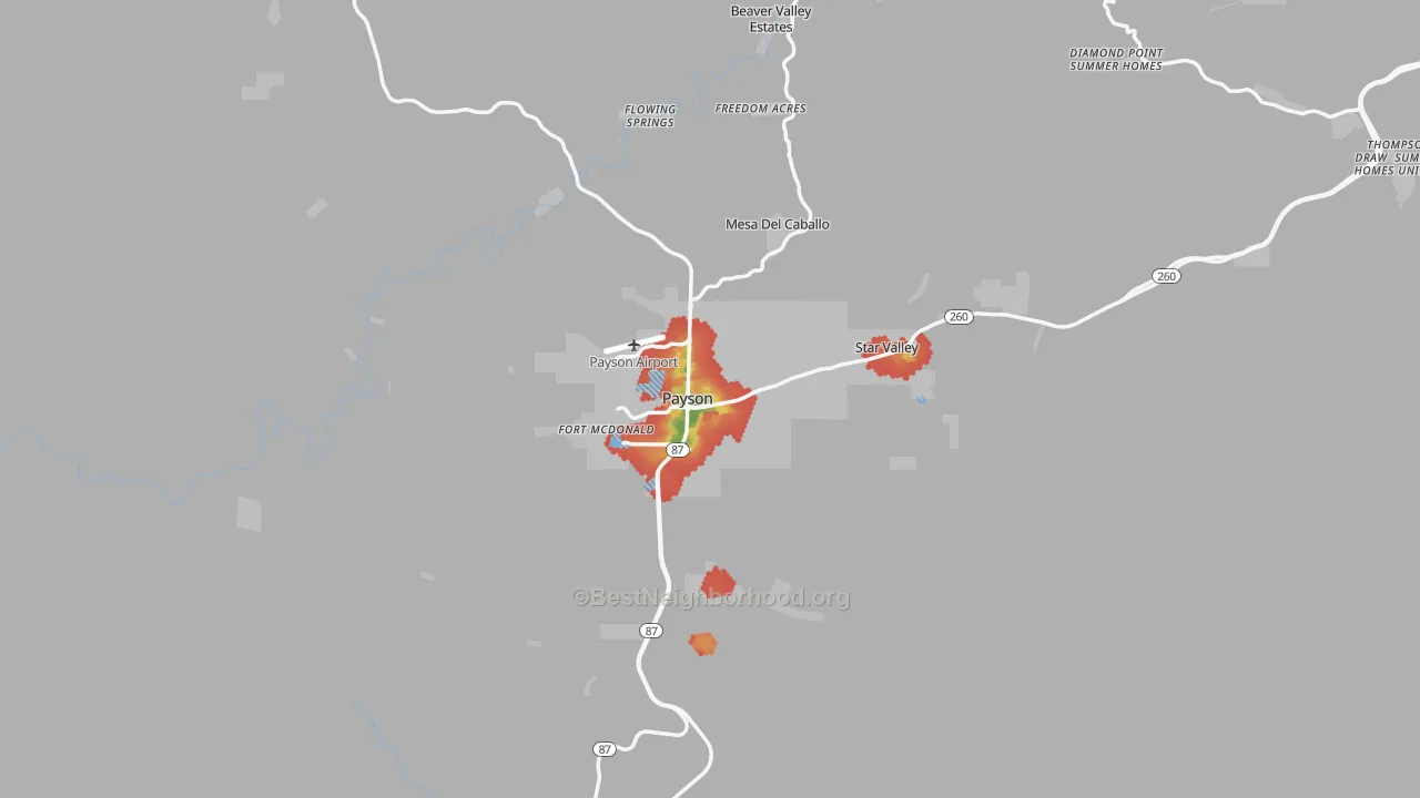 Walk Grade map of Payson, AZ, walkable areas in green and car-dependent areas in red