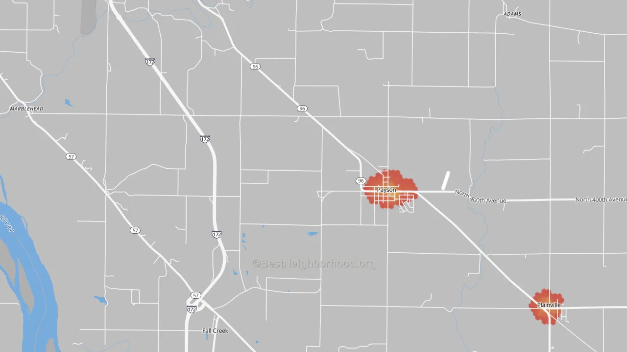 Walk Grade map of Payson, IL, walkable areas in green and car-dependent areas in red