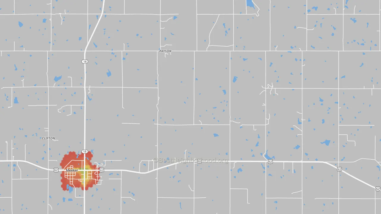 Walk Grade map of Payson, OK, walkable areas in green and car-dependent areas in red