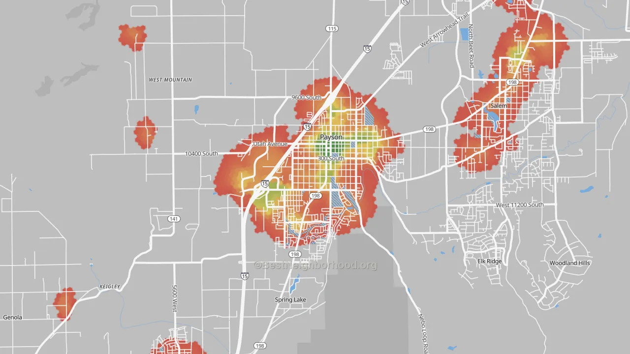 Walk Grade map of Payson, UT, walkable areas in green and car-dependent areas in red