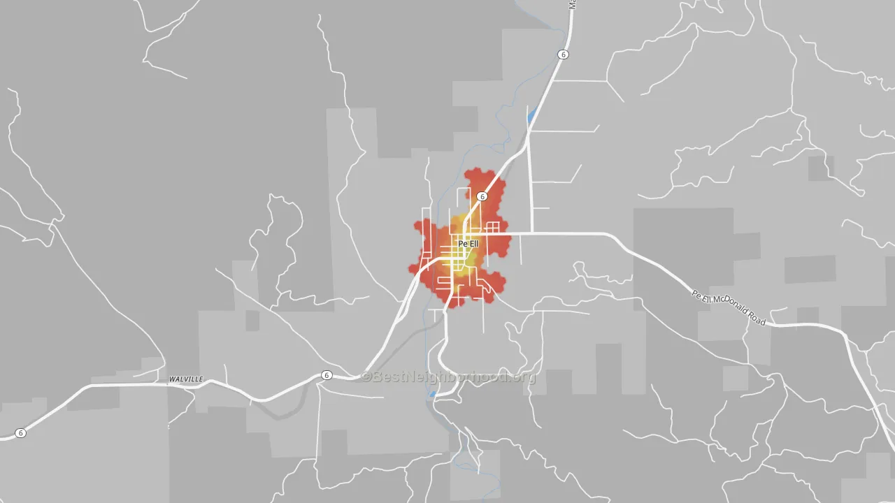 Walk Grade map of Pe Ell, WA, walkable areas in green and car-dependent areas in red