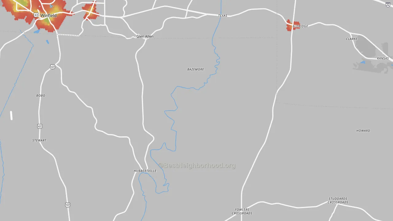 Walk Grade map of Pea Ridge, AL, walkable areas in green and car-dependent areas in red