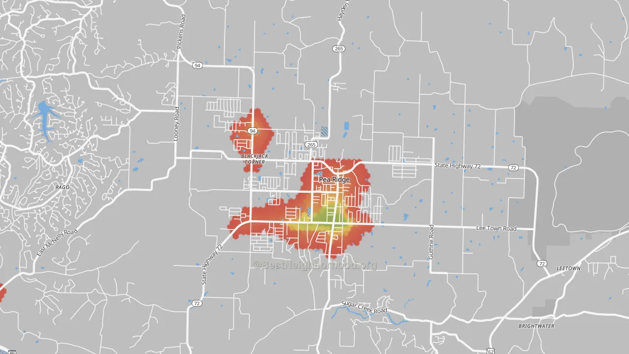 Walk Grade map of Pea Ridge, AR, walkable areas in green and car-dependent areas in red