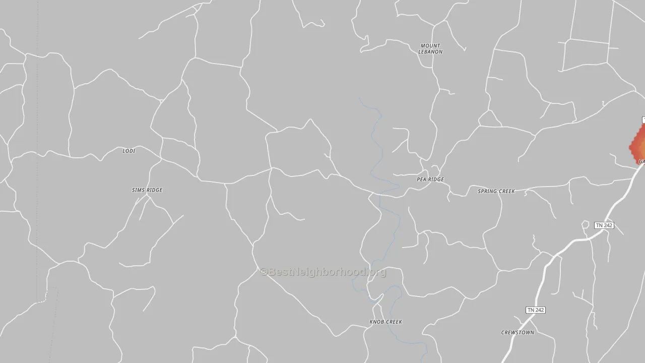 Walk Grade map of Pea Ridge, TN, walkable areas in green and car-dependent areas in red