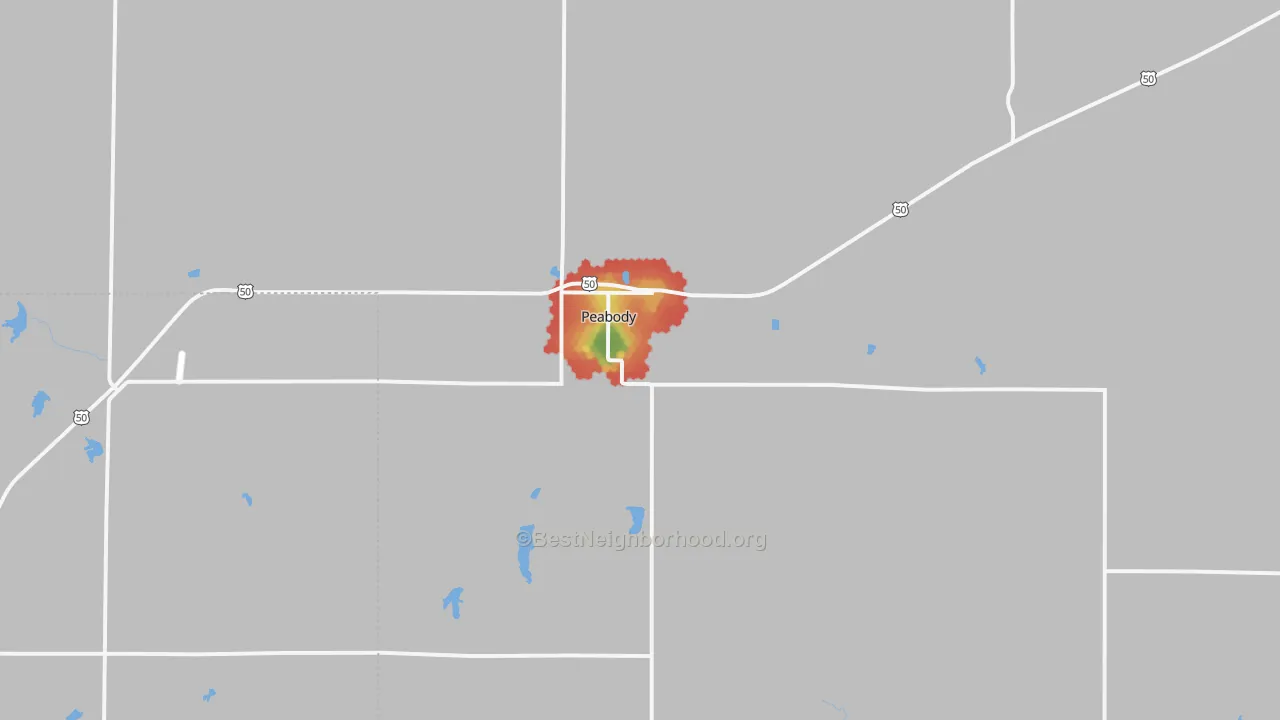 Walk Grade map of Peabody, KS, walkable areas in green and car-dependent areas in red