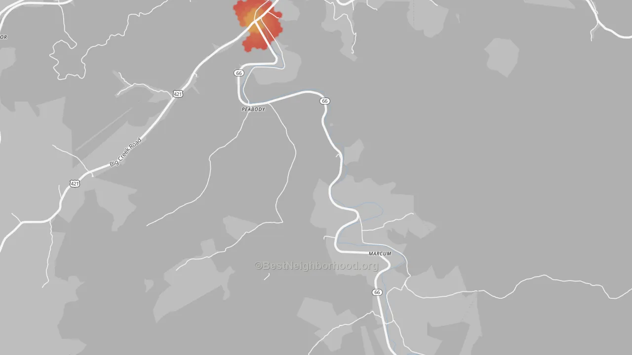 Walk Grade map of Peabody, KY, walkable areas in green and car-dependent areas in red