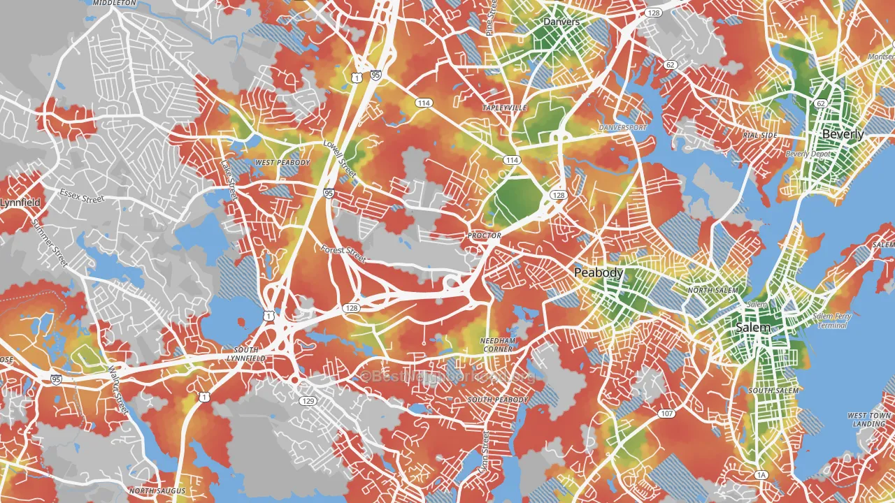 Walk Grade map of Peabody, MA, walkable areas in green and car-dependent areas in red