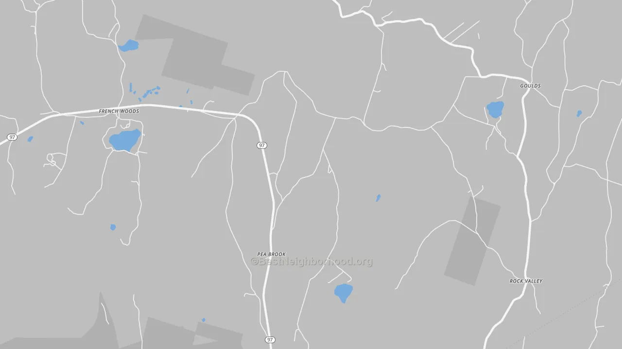 Walk Grade map of Peabrook, NY, walkable areas in green and car-dependent areas in red