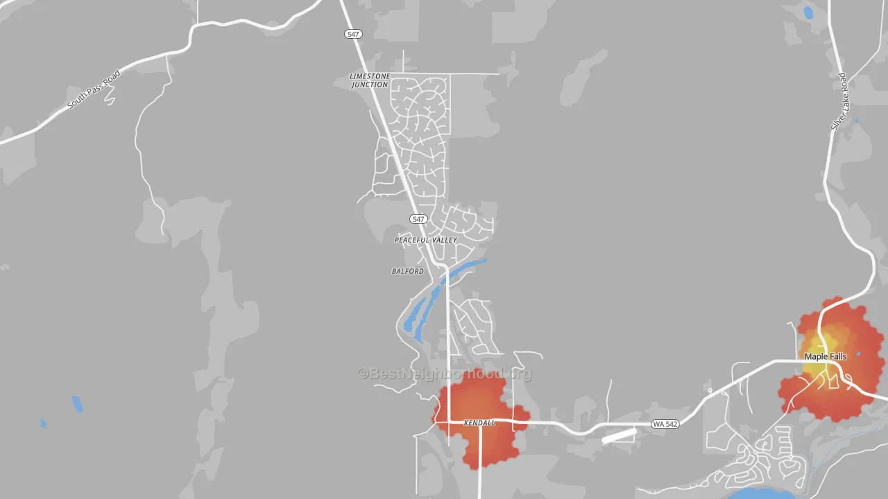 Walk Grade map of Peaceful Valley, WA, walkable areas in green and car-dependent areas in red