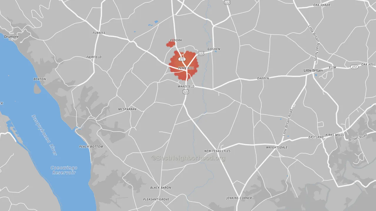 Walk Grade map of Peach Bottom, PA, walkable areas in green and car-dependent areas in red