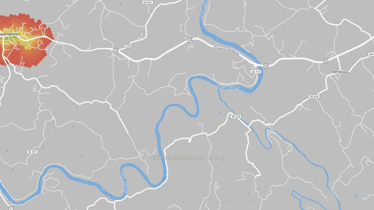 Walk Grade map of Peach Bottom, VA, walkable areas in green and car-dependent areas in red