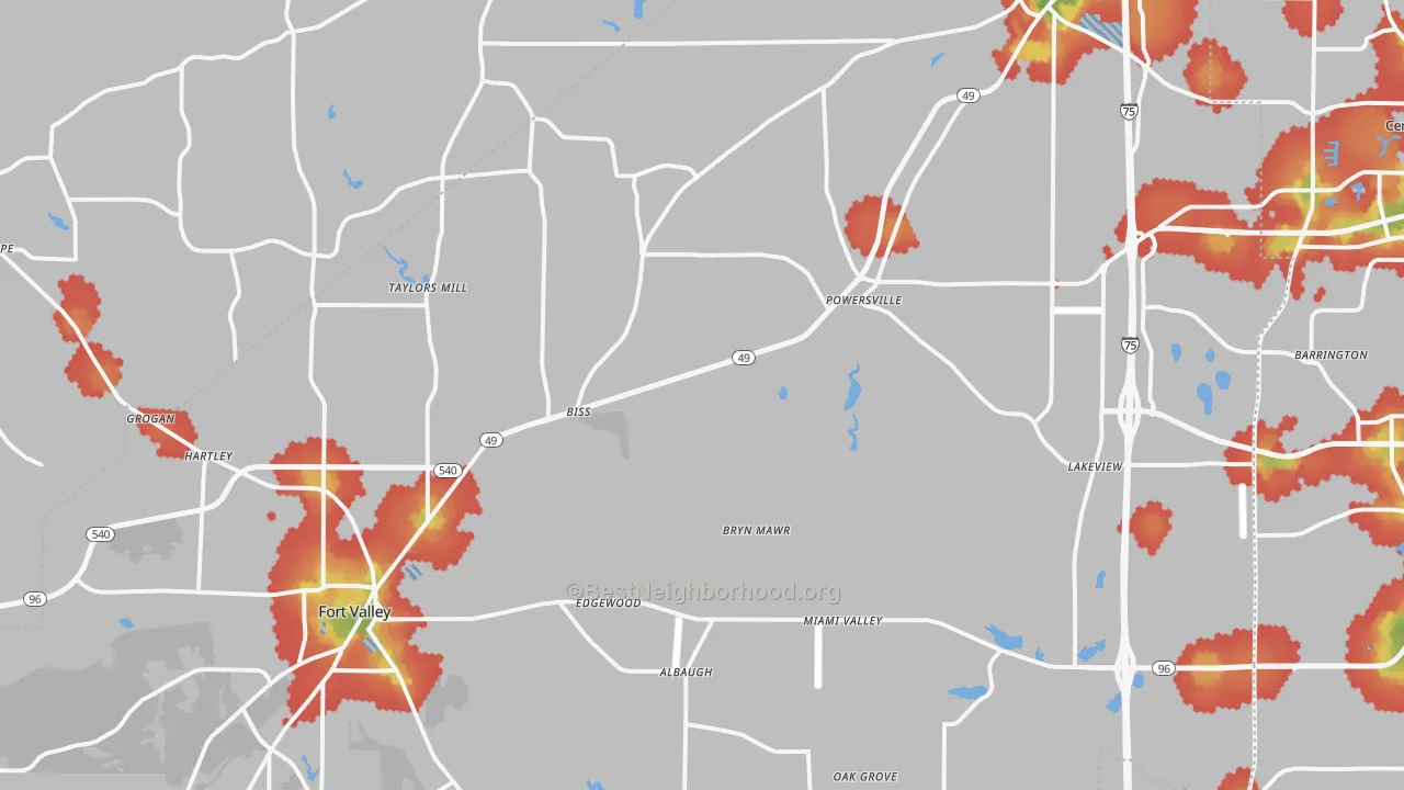 Walk Grade map of Peach County, GA, walkable areas in green and car-dependent areas in red