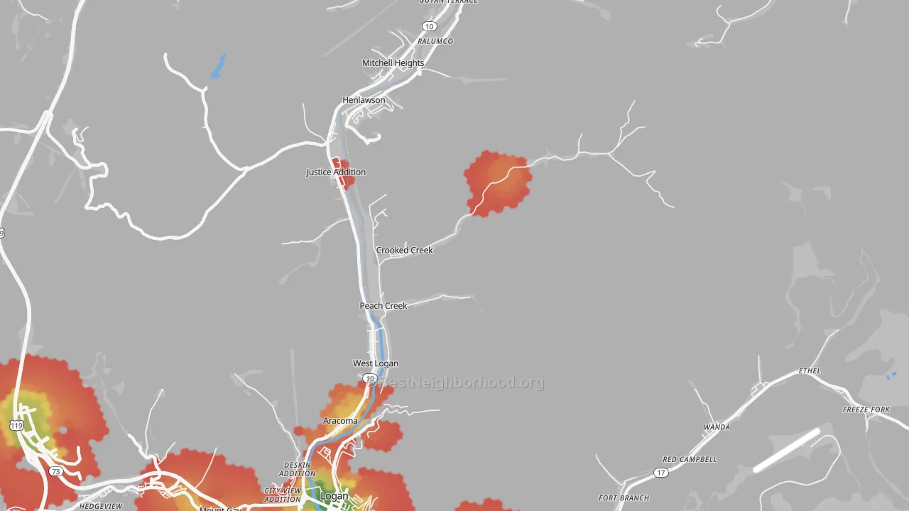 Walk Grade map of Peach Creek, WV, walkable areas in green and car-dependent areas in red
