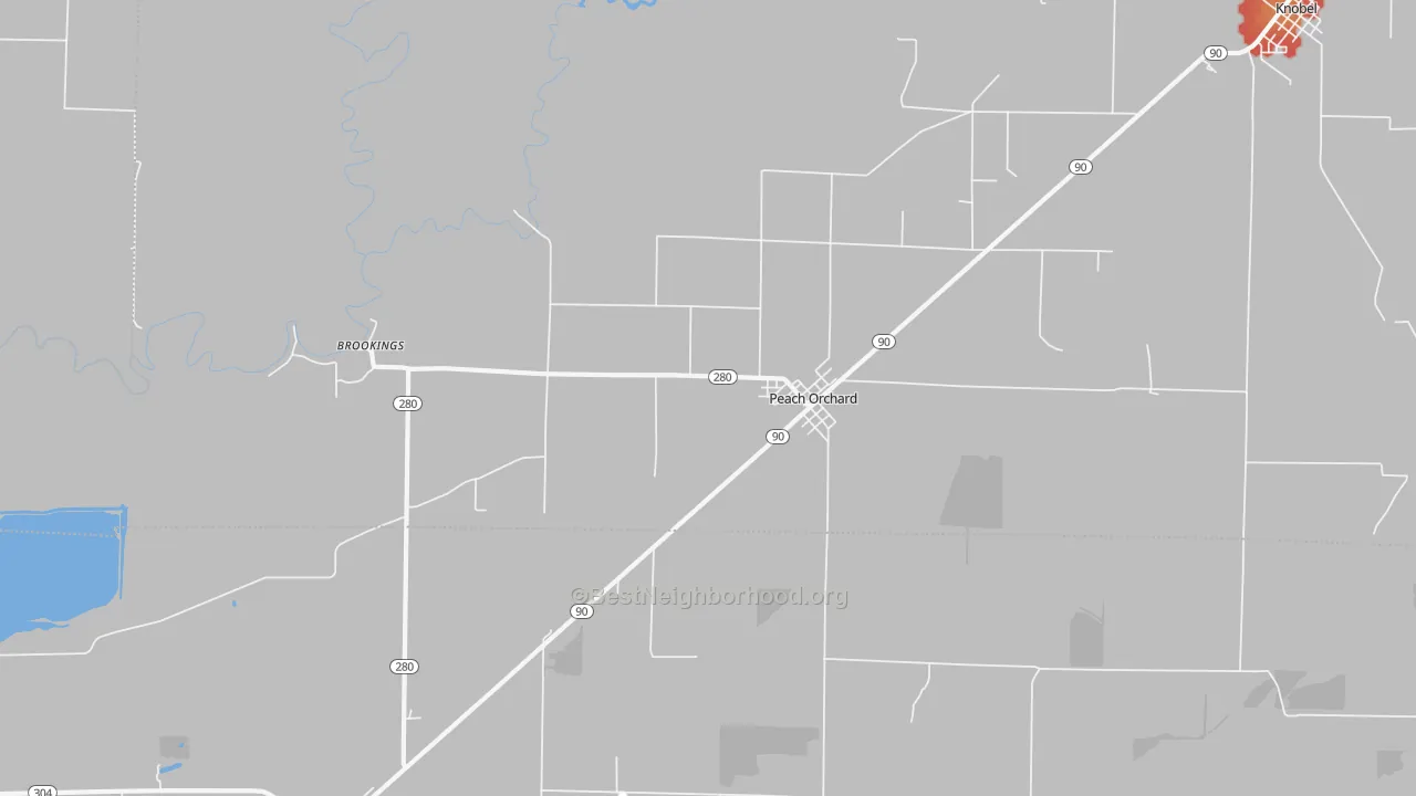 Walk Grade map of Peach Orchard, AR, walkable areas in green and car-dependent areas in red