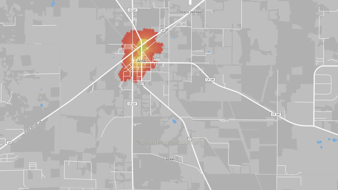 Walk Grade map of Peach Orchard, FL, walkable areas in green and car-dependent areas in red