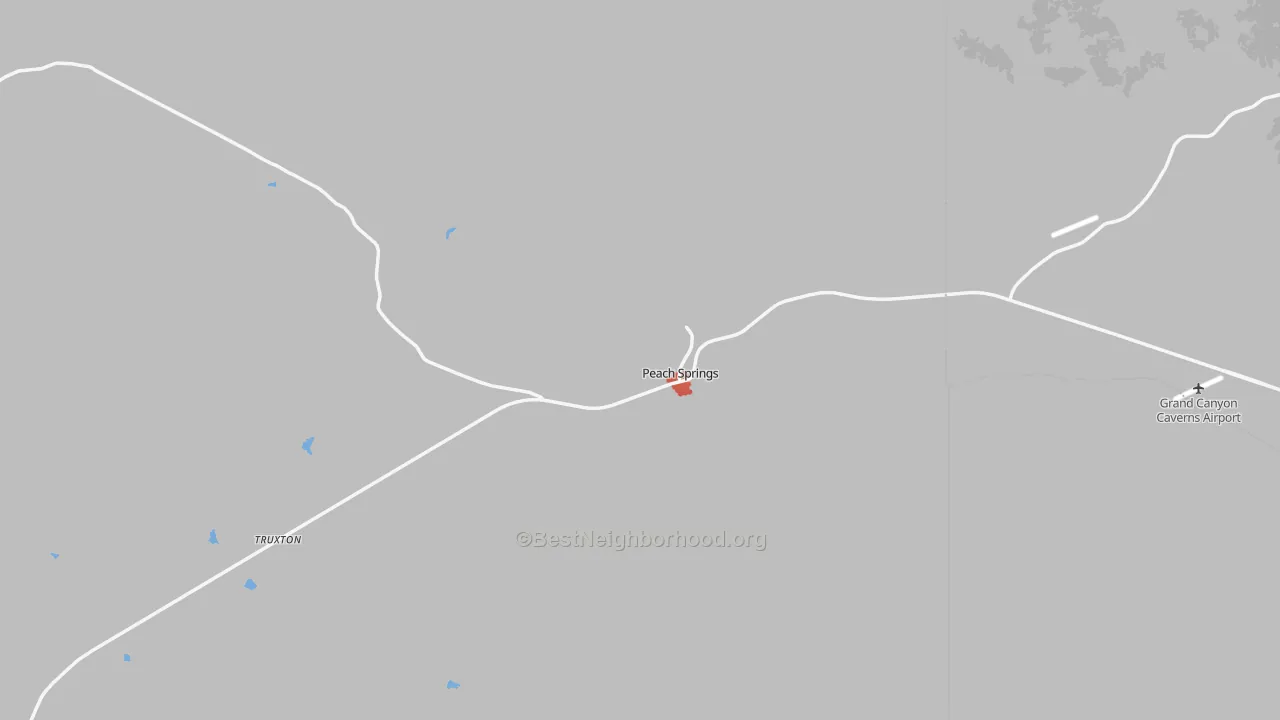 Walk Grade map of Peach Springs, AZ, walkable areas in green and car-dependent areas in red