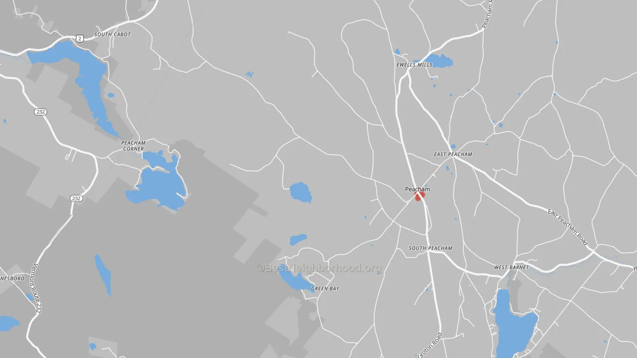 Walk Grade map of Peacham, VT, walkable areas in green and car-dependent areas in red