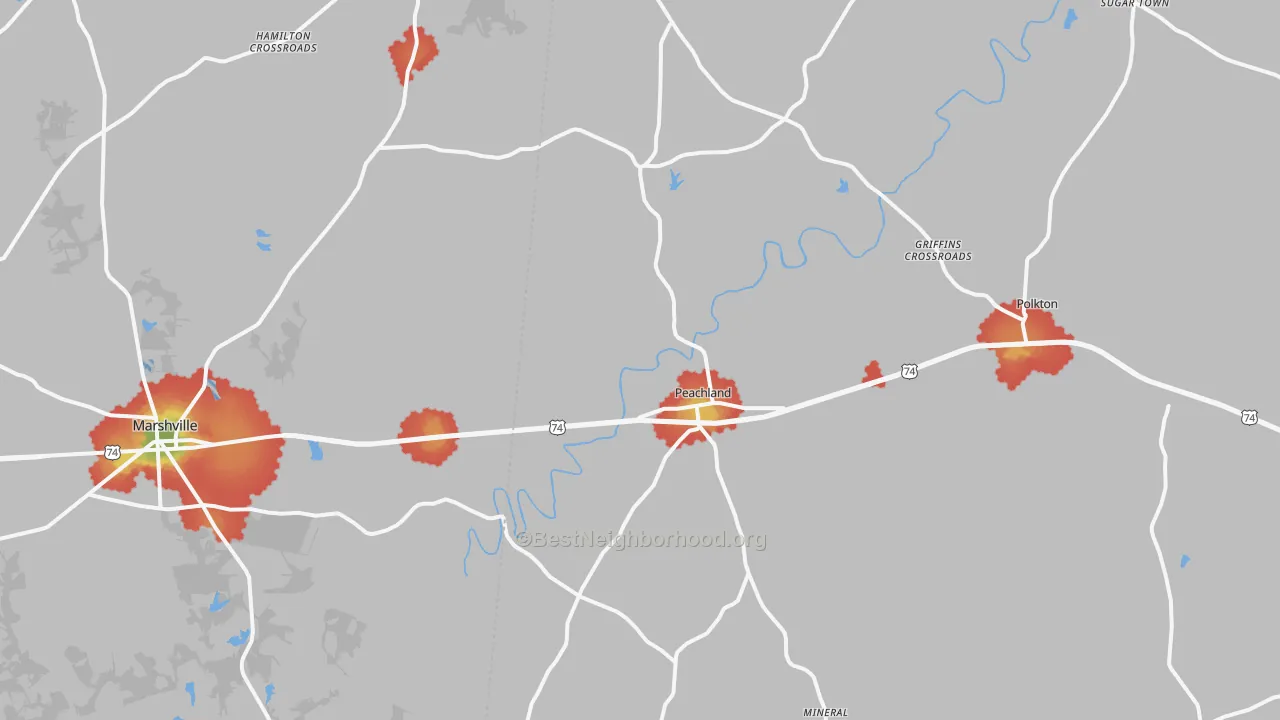 Walk Grade map of Peachland, NC, walkable areas in green and car-dependent areas in red