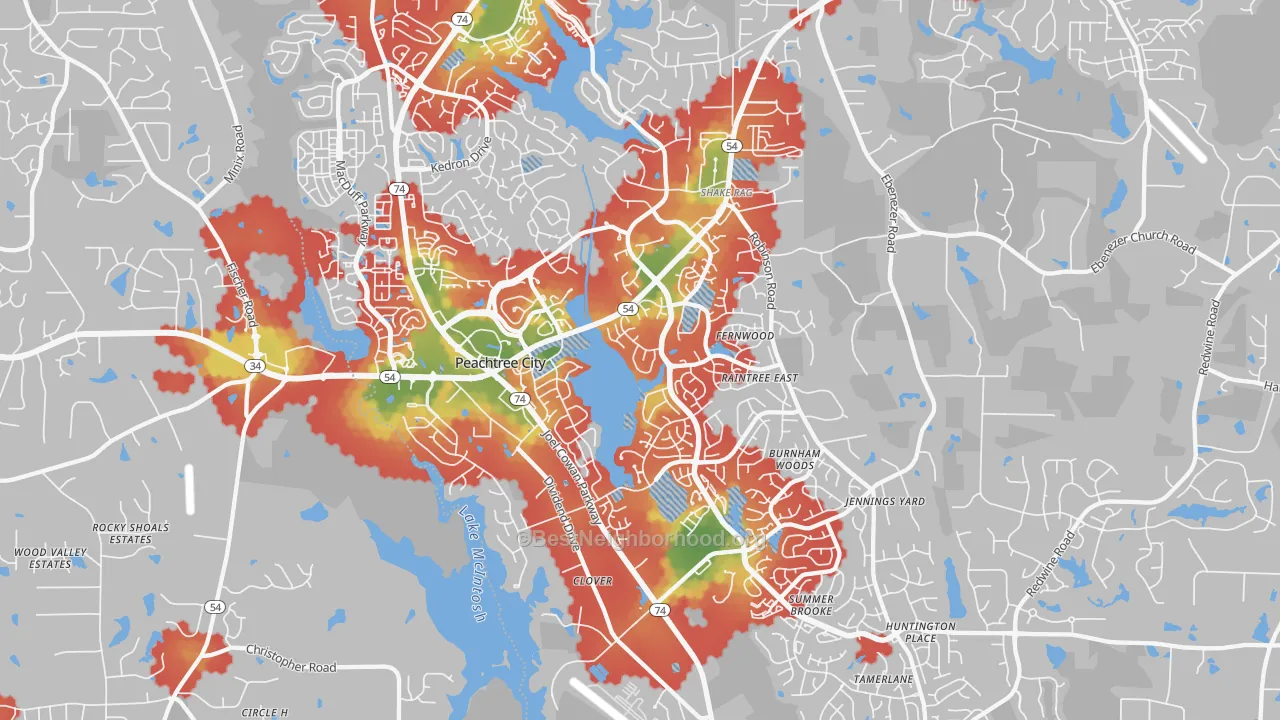 Walk Grade map of Peachtree City, GA, walkable areas in green and car-dependent areas in red