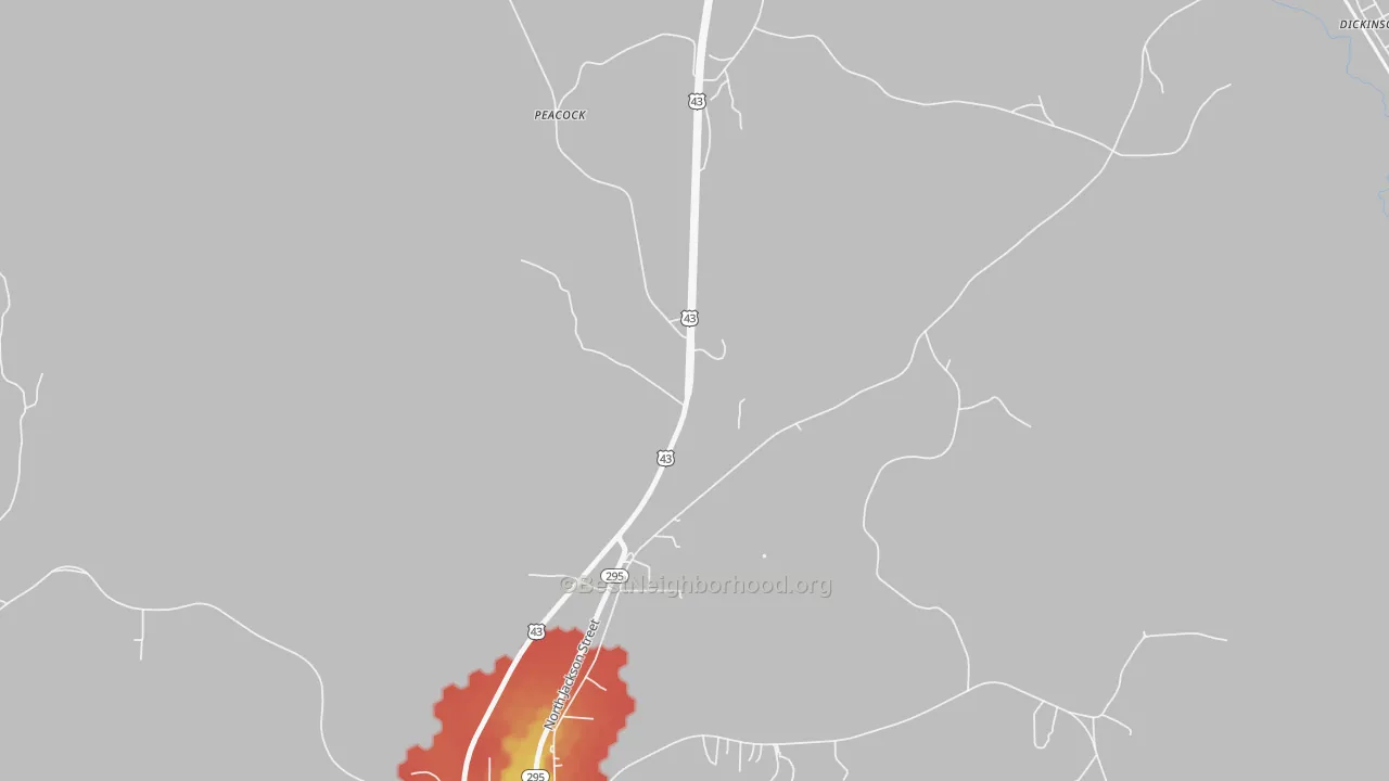 Walk Grade map of Peacock, AL, walkable areas in green and car-dependent areas in red
