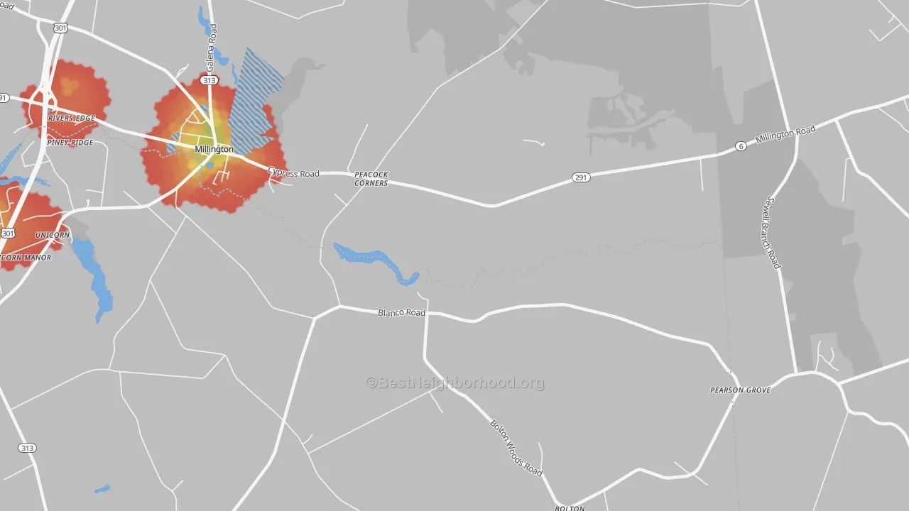 Walk Grade map of Peacock Corners, MD, walkable areas in green and car-dependent areas in red