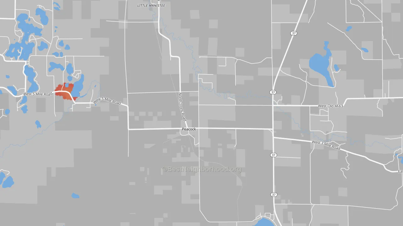 Walk Grade map of Peacock, MI, walkable areas in green and car-dependent areas in red
