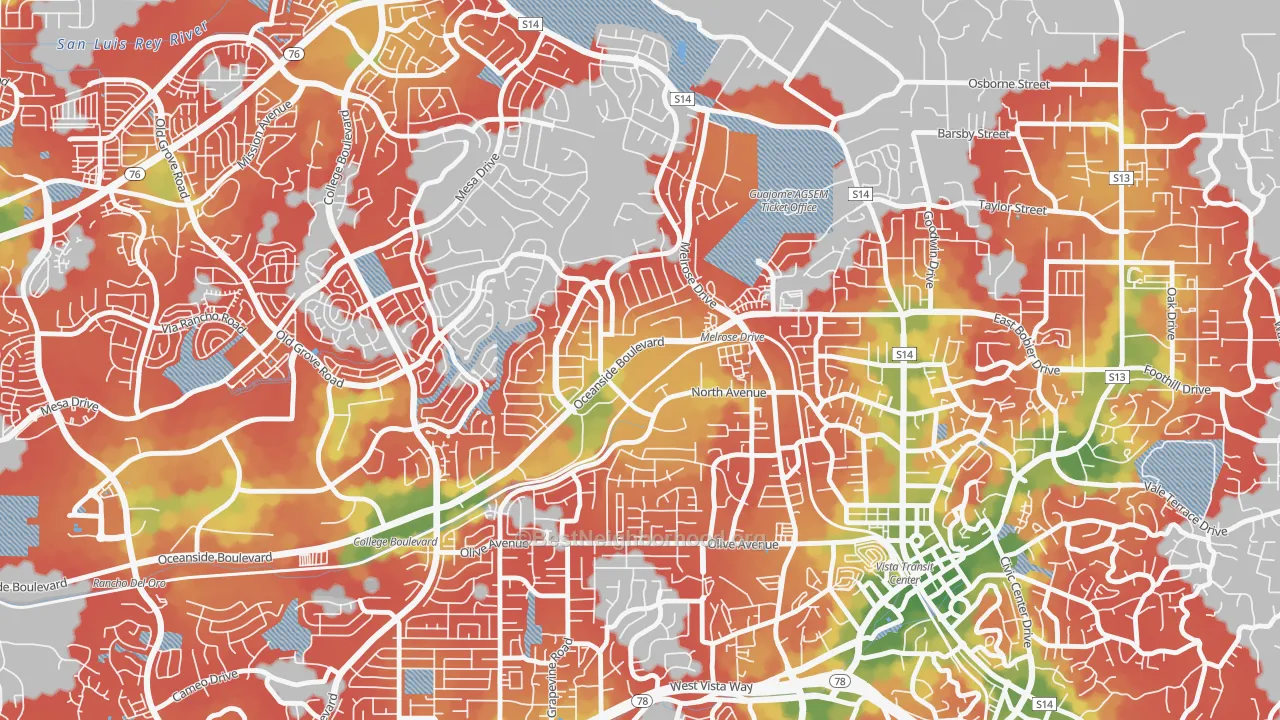 Walk Grade map of Peacock, Oceanside, CA, walkable areas in green and car-dependent areas in red