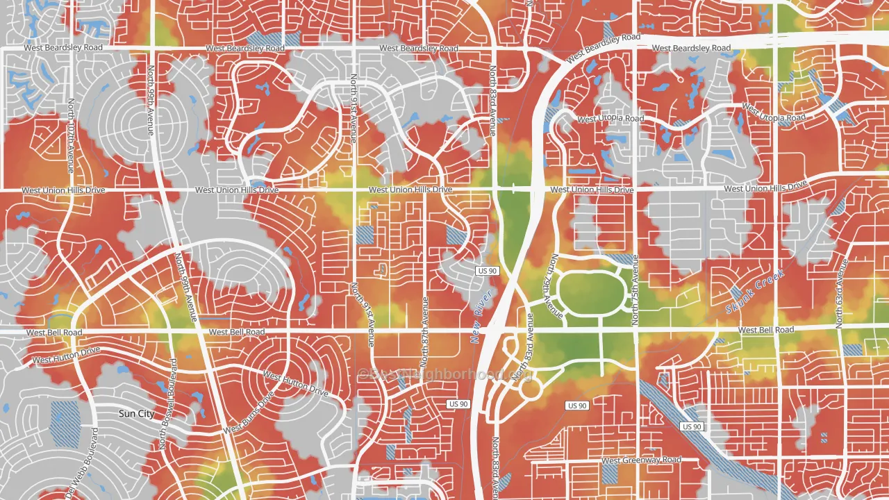 Walk Grade map of Peacock Village, Peoria, AZ, walkable areas in green and car-dependent areas in red