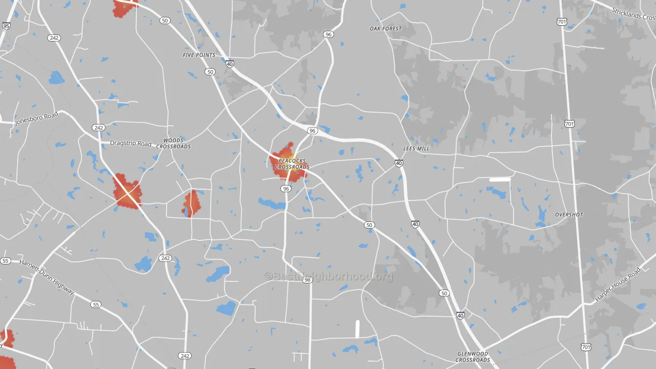 Walk Grade map of Peacocks Crossroads, NC, walkable areas in green and car-dependent areas in red