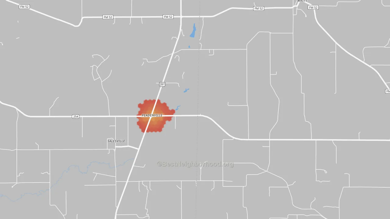 Walk Grade map of Peadenville, TX, walkable areas in green and car-dependent areas in red