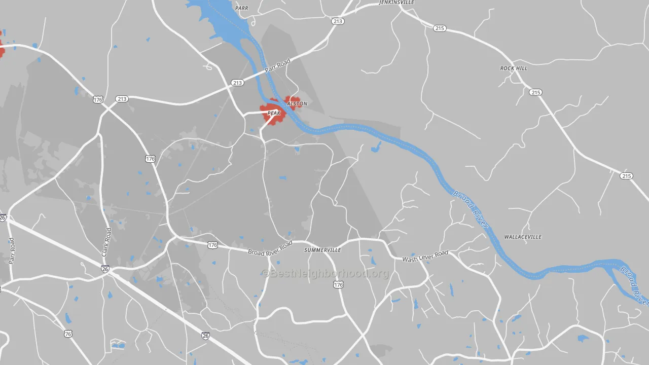 Walk Grade map of Peak, SC, walkable areas in green and car-dependent areas in red