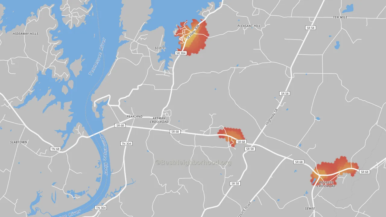 Walk Grade map of Peakland, TN, walkable areas in green and car-dependent areas in red