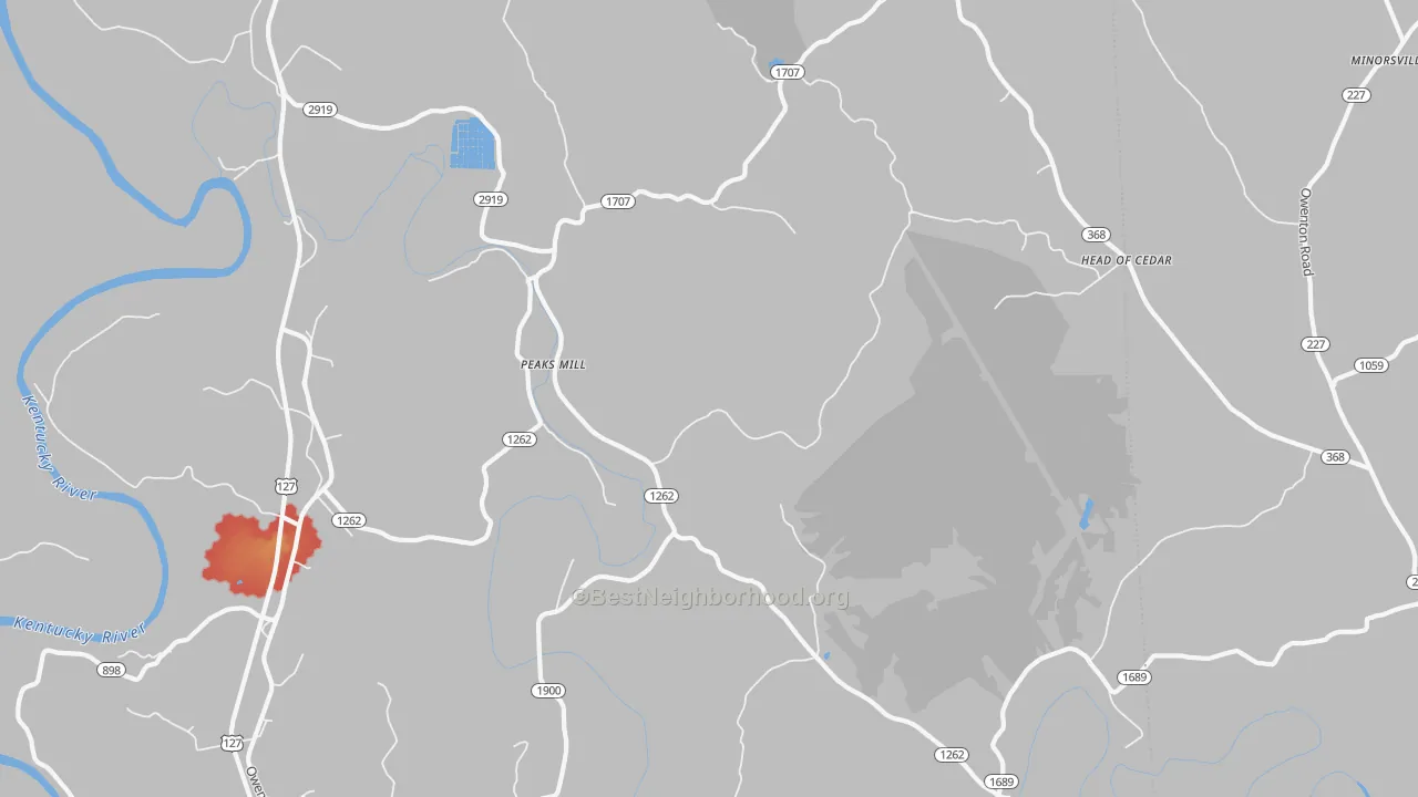 Walk Grade map of Peaks Mill, KY, walkable areas in green and car-dependent areas in red
