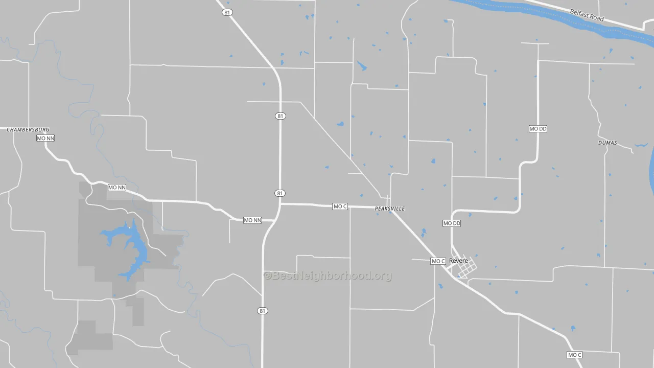 Walk Grade map of Peaksville, MO, walkable areas in green and car-dependent areas in red