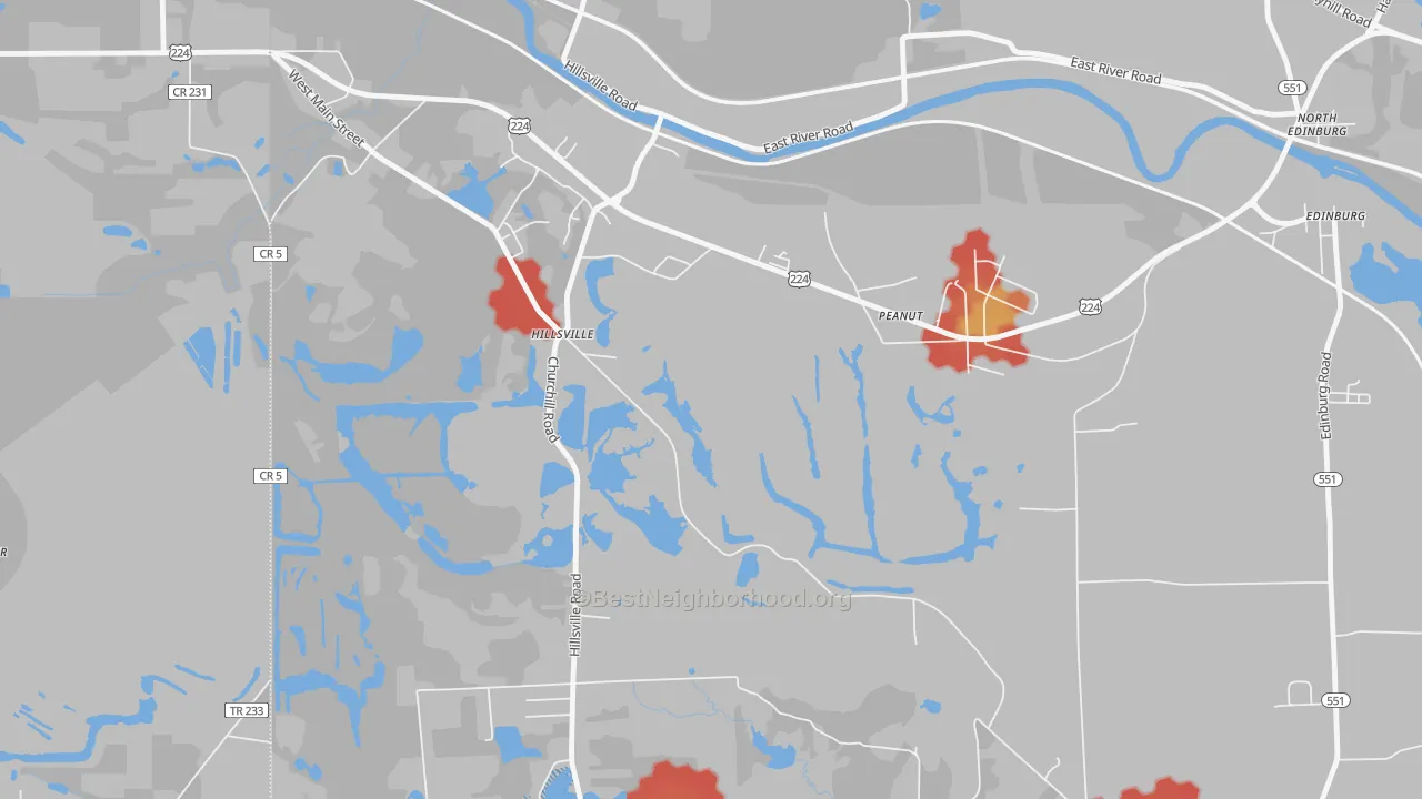 Walk Grade map of Peanut, PA, walkable areas in green and car-dependent areas in red